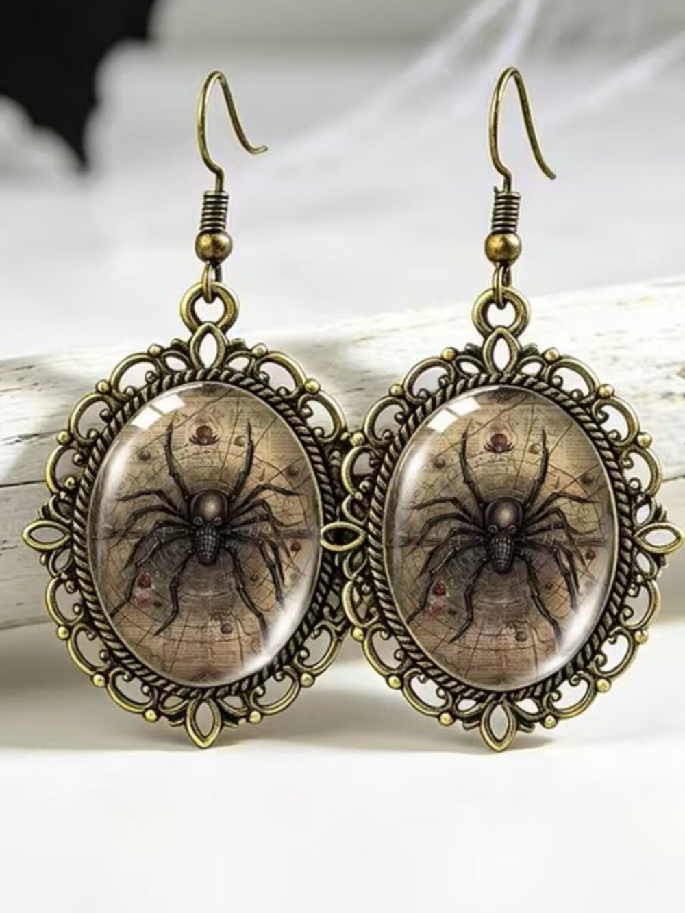 Old Map Texture Web Enormous Spider Print Oval Earrings Z240